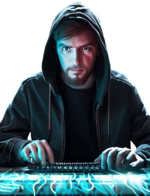 Un hombre ultra realista sentado frente a varios monitores de computadora, con código y gráficos de red visibles en las pantallas, en el proceso de realizar una prueba de penetración de un sistema de seguridad de información.